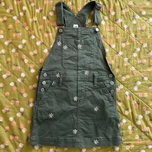 Gap Kids Girls Denim Green Overall Skirt Dress Embroidered Flowers Daisy Size S